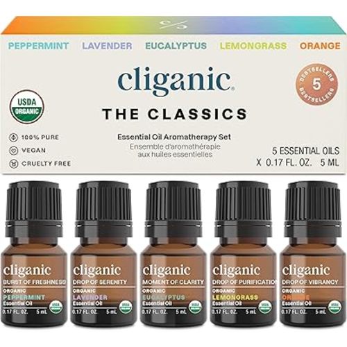 Cliganic Organic Essential Oils Set (Top 5 - The Classics) - 100% Pure Natural - Aromatherapy, Candle Making - Peppermint, Lavender, Eucalyptus, Lemongrass & Orange (Packaging May Vary)