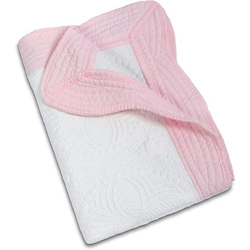 MONOBLANKS Baby Quilt Personlized Monogram Lightweight Embossed Scalloped Throw Blanket Four Seasons (White-Pink Trim)