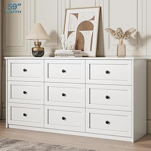 Dresser for Bedroom, 9 Storage Drawers, 59.1" Wide White Wood Large Dressers & Chest, TV Stand for 65 inch, Storage Organizer Furniture, Hallway, Entryway, Closet