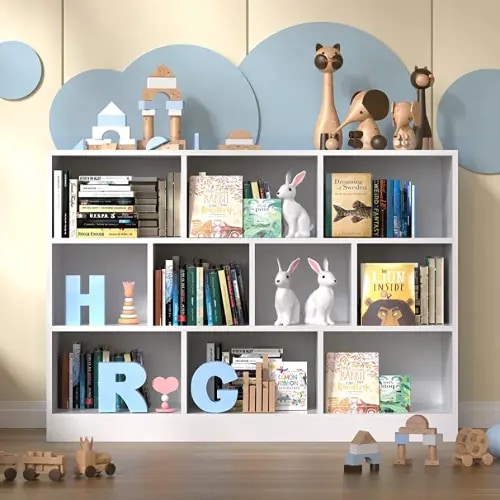 Cozy Castle White Bookshelf, 3-Tier Open Shelf Bookcase, 10 Cube Storage Organizer with Anti-Tilt Device, Freestanding Horizontal Bookshelf Cube Shelf for Bedroom, Living Room