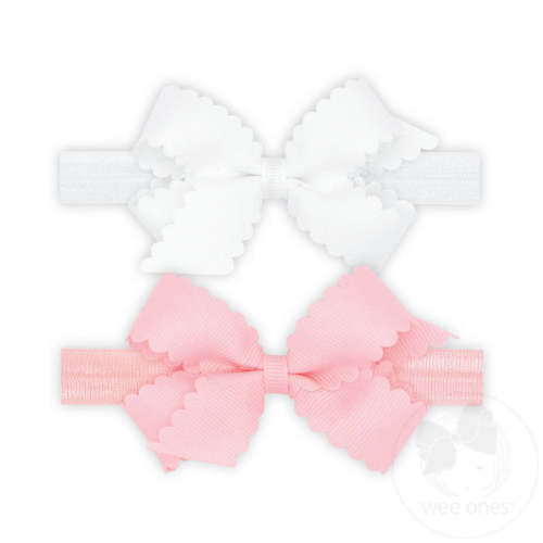 GIFT PACK! Two Mini Scallop Bows With Bands - WHT/LPK | Wee Ones Hair Bows & Accessories