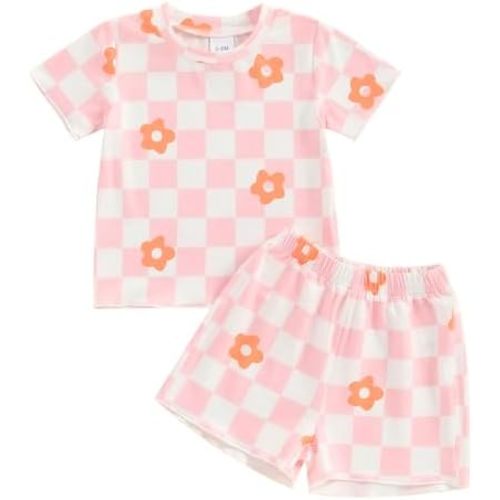 Toddler Baby Girl Outfit Newborn Girl Summer Clothes Short Sleeve T Shirt Checkerboard Top Set Elastic Waist Shorts