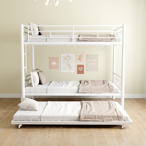 Hommoo Heavy-Duty Sturdy Meta Bunk Bed, Twin over Full Bunk Bed with Moveable Trundle & 2 Ladders for Bedroom, 3 Beds for Kids Teens Adults and Guests, No Box Spring Needed, White