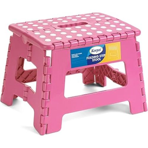 Korpai 9" Folding Step Stool for Adults and Kids Holds Up to 300 lbs,Non-Slip Folding Stools with Portable Handle, Compact Plastic Foldable Step Stool for Bathroom,Bedroom, Kitchen,Pink,1PC