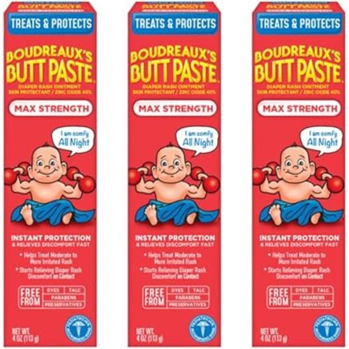 Boudreaux's Butt Paste Maximum Strength Diaper Rash Cream, Ointment for Baby, 4 oz. Tube, (Pack of 3)