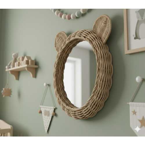 Rattan Bear Mirror – Boho Baby Nursery Decor, Montessori Toy