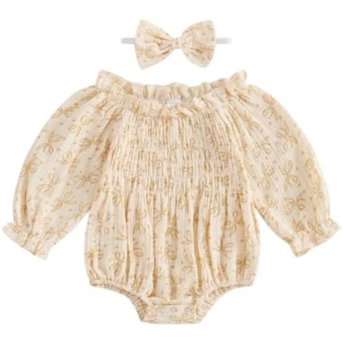 Infant Baby Girl Floral Romper Outfit Cotton Linen Smocked Bodysuit Long Sleeve Boho Clothes with Headband