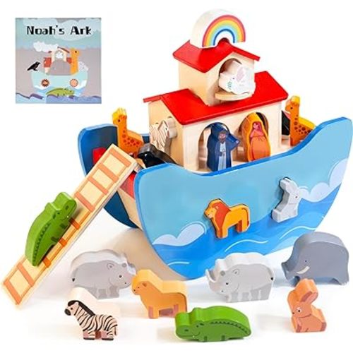Wooden Noahs Ark Toy Animal Playset, Baptism Gifts for Boys, Bible Toys for 1 2 3 4 Years Old, Baby Shape Sorter