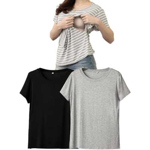 Rnxrbb Hidden Summer Nursing Tops for Breastfeeding Short Sleeve Maternity Nursing T Shirts Clothes 3 Pack Double Layer