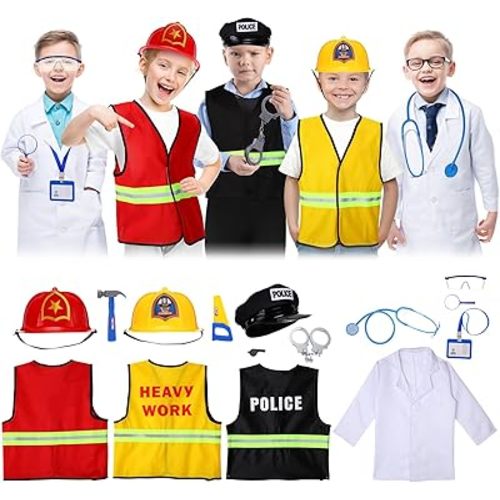 Vicenpal 4 Sets Kids Dress up Costumes Police Officer Doctor Construction Worker Fireman Costume Scientist Lab Dress up Clothes Accessories for Boys and Girls Pretend Role