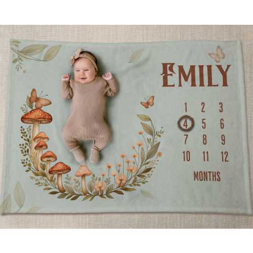 Mushroom Baby Milestone Photo Blanket | Unique Growth Tracker for Infants | Soft & Cozy design - Velveteen soft blanket