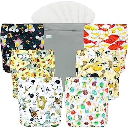 wegreeco Cloth Diapers 6 Pack with 6 Inserts & 1 Wet Bag, Washable Cloth Diapers for Babies, One Size Adjustable Reusable (Animal World)