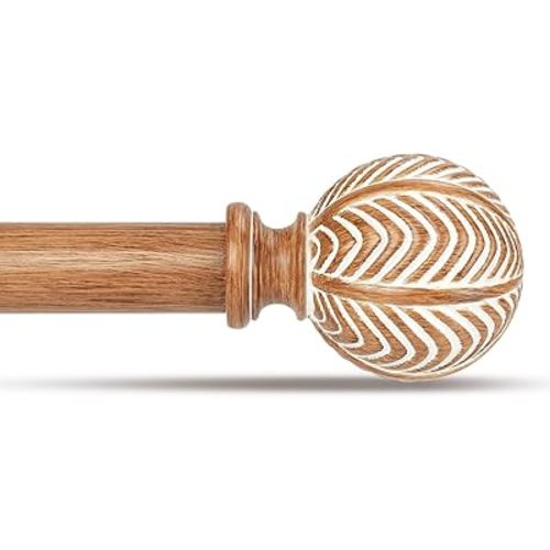 Wood Curtain Rods for Windows 48 to 84 Inch, 1" Heavy Duty Metal Drapery Rod with Rustic Boho Imitation Wood Grain Finials, Adjustable Farmhouse Curtain Pole, Light Brown