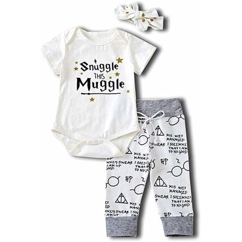 Newborn Infant Baby Boy Girl Outfit Letter Print Romper Bodysuit Pants Headband Clothes Set - White - 3-6 Months