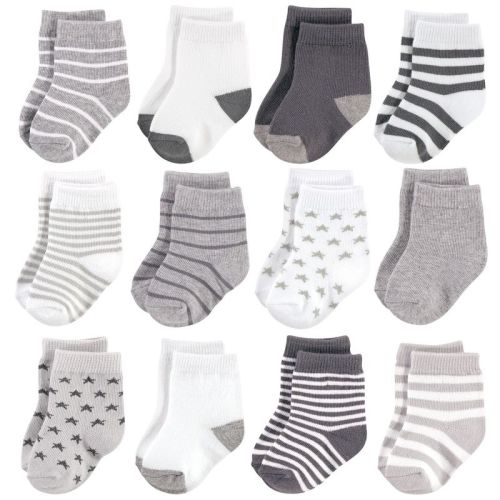 Hudson Baby Infant Unisex Cotton Rich Newborn And Terry Socks, Gray White Star, 6-12 Months