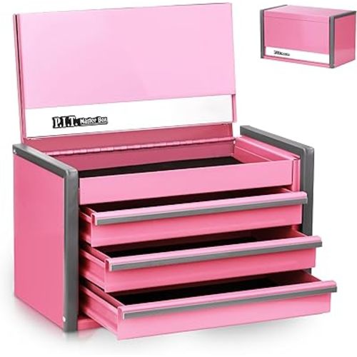 P.I.T. Mini Pink Tool Box, Portable 3 Drawer Steel Stackable Tool Box with Magnetic Tab Locking, Pink Micro Top Chest with Liner for Tools Storage and Organizers, Home DIY