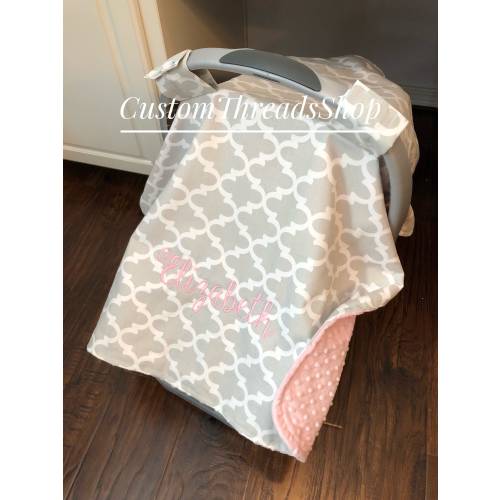 Monogrammed Carseat Canopy, Personalized car seat cover for girls, baby girl gift, monogrammed car seat blanket tent cover, gray grey