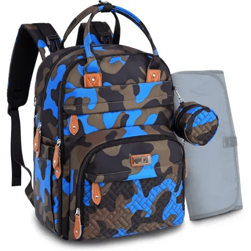 BabbleRoo Diaper Bag Backpack - Baby Essentials Travel Tote - Multi function Waterproof Diaper Bag, Travel Essentials Baby Bag with Changing Pad, Stroller Straps & Pacifier Case - Unisex, Blue Camo