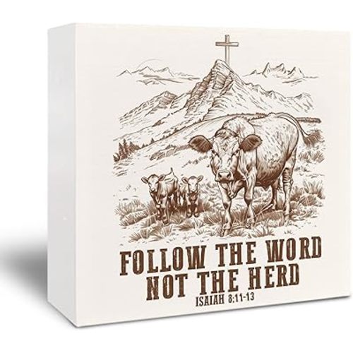 Western Christian Wooden Box Sign - Western Home Decor Rustic, Country Western Decor, Follow the Word Not the Herd Bieble Verse Wood Box Sign for Home 5x5, Isaiah 8 11-13