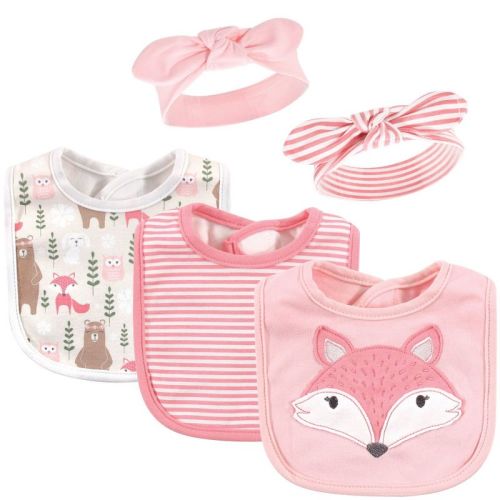 Hudson Baby Infant Girl Cotton Bib And Headband Set 5pk, Miss Fox, One Size