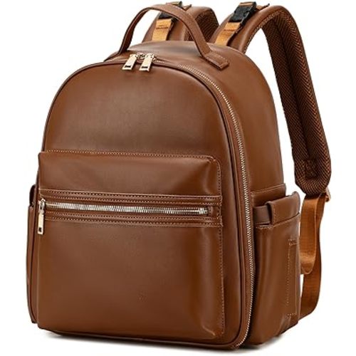 Diaper Backpack with Stroller Buckle, Insulated Pockets and Water-proof Pocket (Faux Leather, Brown)