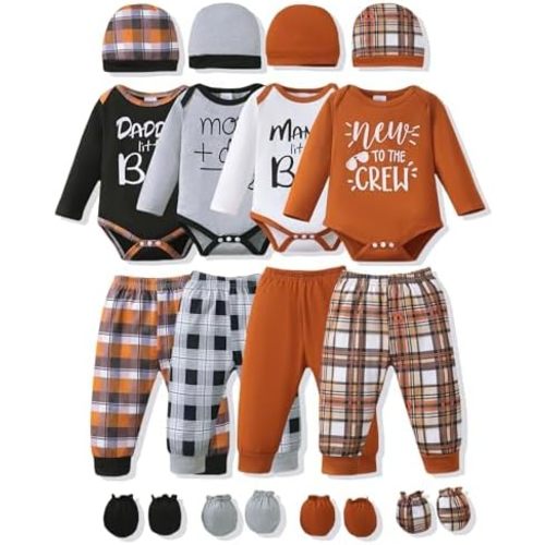 NZRVAWS Newborn Baby Boy Girl Clothes Unisex Infant Romper Pants Set Hat 4-Pack Outfits 0-12 Months 16 Pieces Toddler