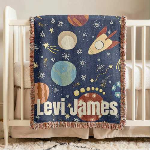 Personalized Space Astronaut Blanket Woven Cotton Custom Newborn Keepsake Space Nursery Decor Baby Boy Blanket Custom Name Gift For Kids