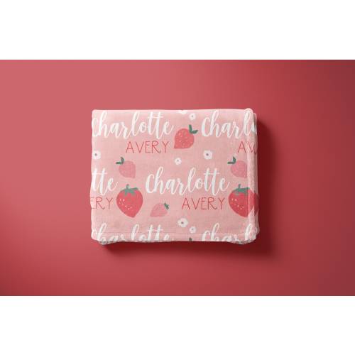 Pink Strawberry Name Blanket, Personalized Strawberry Blanket, Name Blanket for Girl, Cute Kids Nursery Decor, Gift For Baby Girl, Fruit