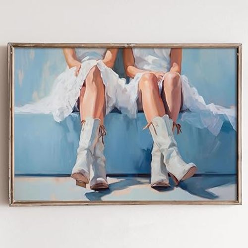 Blue Cowboy Boots Wall Art Coastal Cowgirl Prints Preppy Cowboy Posters Cowgirl Boots Canvas Painting Blue Cowgirl Painting Aesthetic Western Posters for Dorm Apartment Wall Decor 16x24inch No Frame