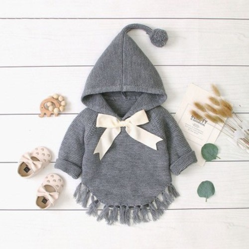 MyKids-USA Baby Girl 1pcs Solid Color Big Bow Tie Patched Design Shawl Kniited Hoodies With Hat Grey 80