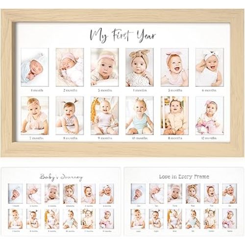 My First Year Photo Frame, 12 Months Baby Picture Frame for Newborn Girl,Boy - Baby Shower Gifts Keepsakes,Monthly Baby's One Year Birthday Milestone,1st Nursery Photo Collage Display Board (Ash Wood)