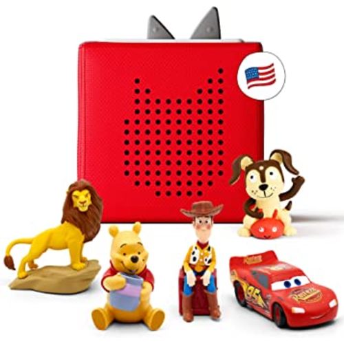 Toniebox Audio Player Disney Starter Set Bundle with Woody, Lightning McQueen, Simba, Winnie-The-Pooh, and Playtime Puppy - Listen, Learn, and Play with One Huggable Little Box - Red