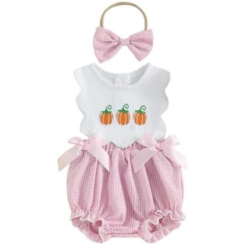 Baby Girl Halloween Embroidered Pumpkin Onesie + Bow