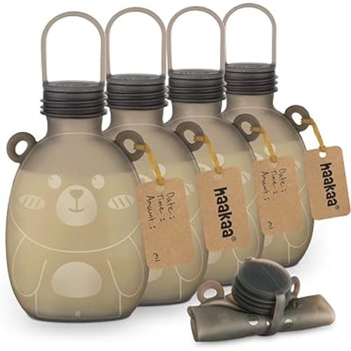 Haakaa Happii Bear Silicone Breast Milk Storage Bag-Refillable Baby Food Squeeze Pouch for Yogurt Puree -Reusable Milk Freezer Bag - Portable & No Leak BPA Free -9 oz 5PK