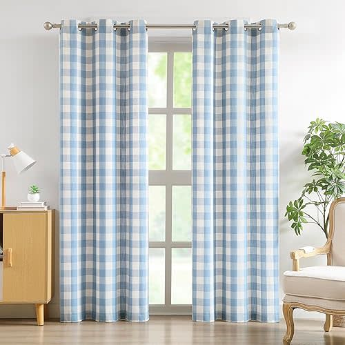 Amzdecor Buffalo Plaid Grommet Curtains 84 Inch Length, Light Filtering Semi-Sheer Check Linen Textured Curtains Drapery for Living Room Bedroom Farmhouse,2 Panels （40" x 84", Blue & Linen）