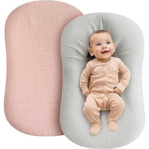 Muslin Baby Lounger - 2 Pack Organic Cotton Pillow Lounger for Newborn - Soft and Breathable - Covers Only