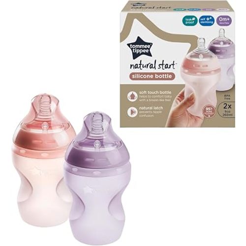 Tommee Tippee Natural Start Anti Colic 9 oz BPA Free Silicone Baby Bottles, 0+ Months, Silicone Feels Like Mother's Skin, Slow Flow Breast-Like Nipple, Pink and Purple, Pack of 2