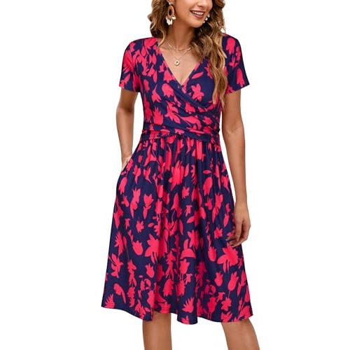 OUGES Maternity Nursing Dress Breastfeeding Short Sleeve V Neck Casual Pregnancy Clothes with Pockets
