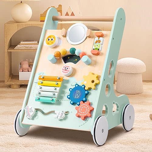 Wooden Baby Walker Push and Pull Learning Activity Walker, Baby Push Walker for Boys and Girls, Walker Toys with Montessori Inspired Interaction for 1 Year Old Baby Activity Center, Green