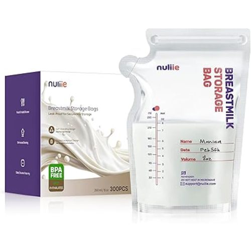 Nuliie 300 Pcs Breastmilk Storage Bags, 8 OZ Breast Milk Storing Bags, BPA-Free, Milk Storage Bags with Pour Spout for Breastfeeding, Self-Standing Bag, Space Saving Flat Profile