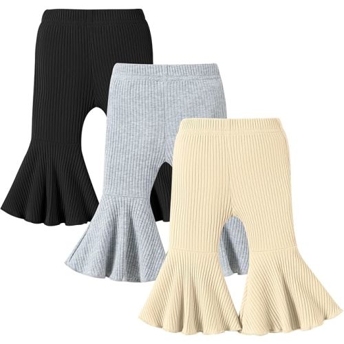DREAM BUS 3 Pack Baby Girl Pants Toddler Leggings Solid Ribbed Cotton Baby Girls Flare Pants Toddler Bell Bottoms