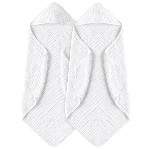 Yoofoss Hooded Baby Towels for Newborn 2 Pack 100% Muslin Cotton Baby Bath Towel with Hood for Babies, Infant, Toddler and Kids, Large 32x32Inch, Soft and Absorbent Newborn Essential - White-2 Pack