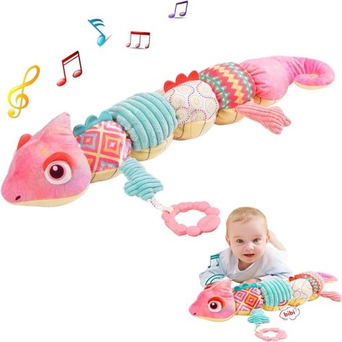 Baby Musical Stuffed Animal Toy with Soft Sensory Rattles and Crinkle Newborn Plush Tummy Time Toys 6+ Months Old Baby Girl Gift, Pink Chameleon