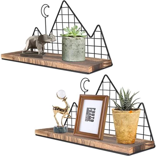 Homode Floating Shelves, Set of 2 Mountain Wall Shelves, Rustic Wood Display Storage Shelf with Metal Wire, Geometric Decor for Bathroom, Nursery, Bedroom, Office