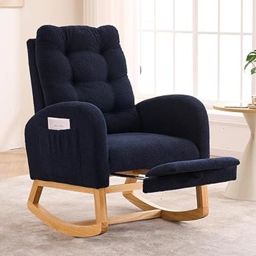 NIOIIKIT Nursery Rocking Chair, Teddy Upholstered Glider Chair with Footrest, Tufted Rocker Recliner with Side Pocket, Comfy Recliner Glider, Accent Chair for Living Room (Blue Teddy)
