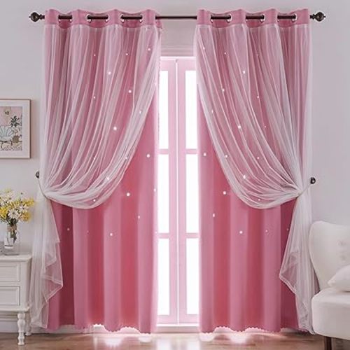 IINDISTAR Star Cutout Kids Window Blackout Curtains for Girl Bedroom Window Room Darkening Curtains & Drapes Baby Nursery Curtains (2 Panel,52Wx95L inch,Pink)