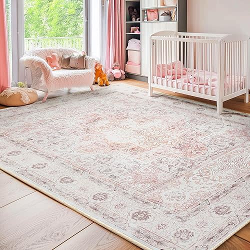 BESTSWEETIE 5x7 Area Rugs Machine Washable No Pile Non Slip Vintage Rugs for Living Room&Bedroom&Dinning Room Bohemian Distressed Carpet Indoor,Pink