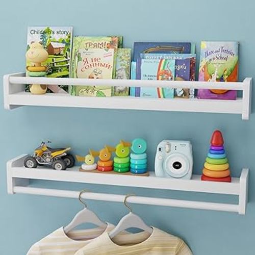 Nursery Floating Shelves with Hanging Rod, 33 Inch Kid's Bookshelves Set of 2, Wall Mounted Baby Clothes Organizer, Kitchen Spice Rack, Picture Ledge Shelf, Matte White