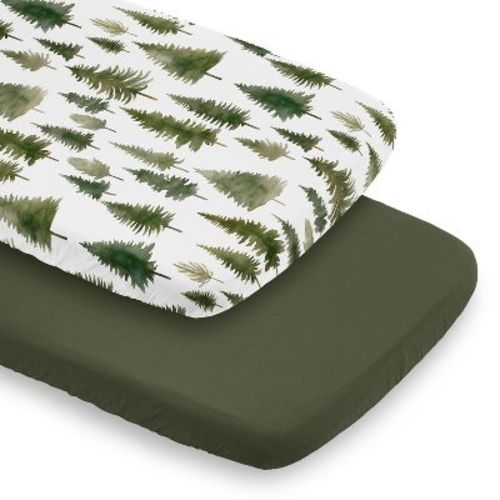 Sweet Jojo Designs Boy, Girl, Unisex/Gender Neutral Baby Bassinet Fitted Sheets Set Woodland Pine Tree Green and White 2pc