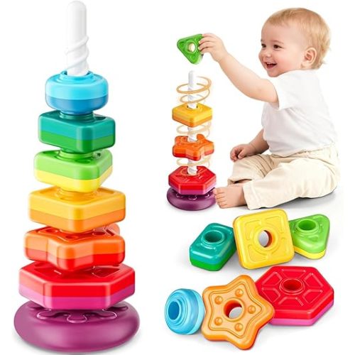 Baby Spinning Stacking Toys for Toddlers 1-3, Sensory Montessori Toys for One Year Old Girl Boy, Rainbow Ring Stacker Tower, Educational Learning Toy, Perfect Christmas Birthday Gifts